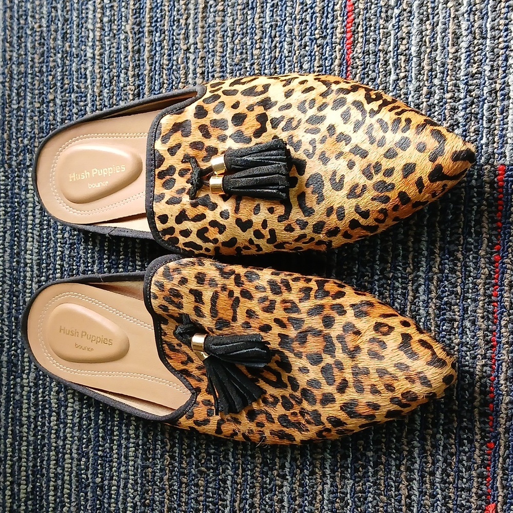 New Hush Puppies Bounce Tassel Leopard Animal print Calf Hair size 9